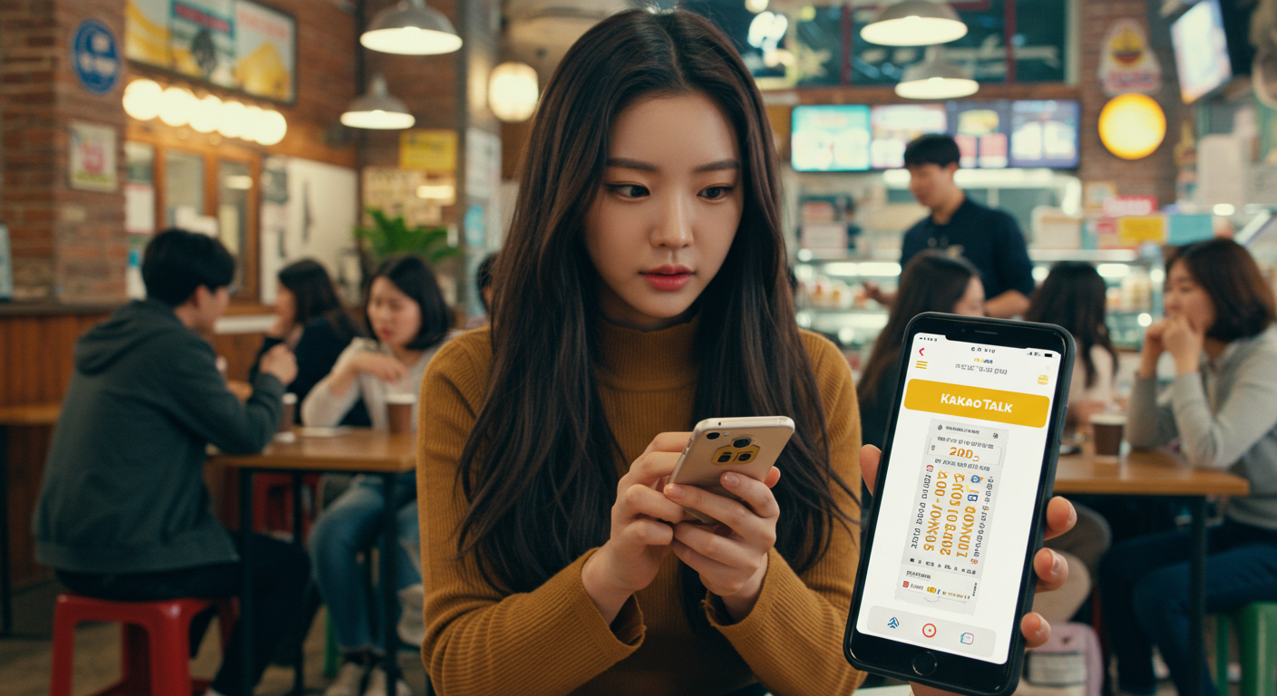 카페에서 카카오톡 앱을 사용하여 로또 용지를 스캔하는 젊은 여성의 모습