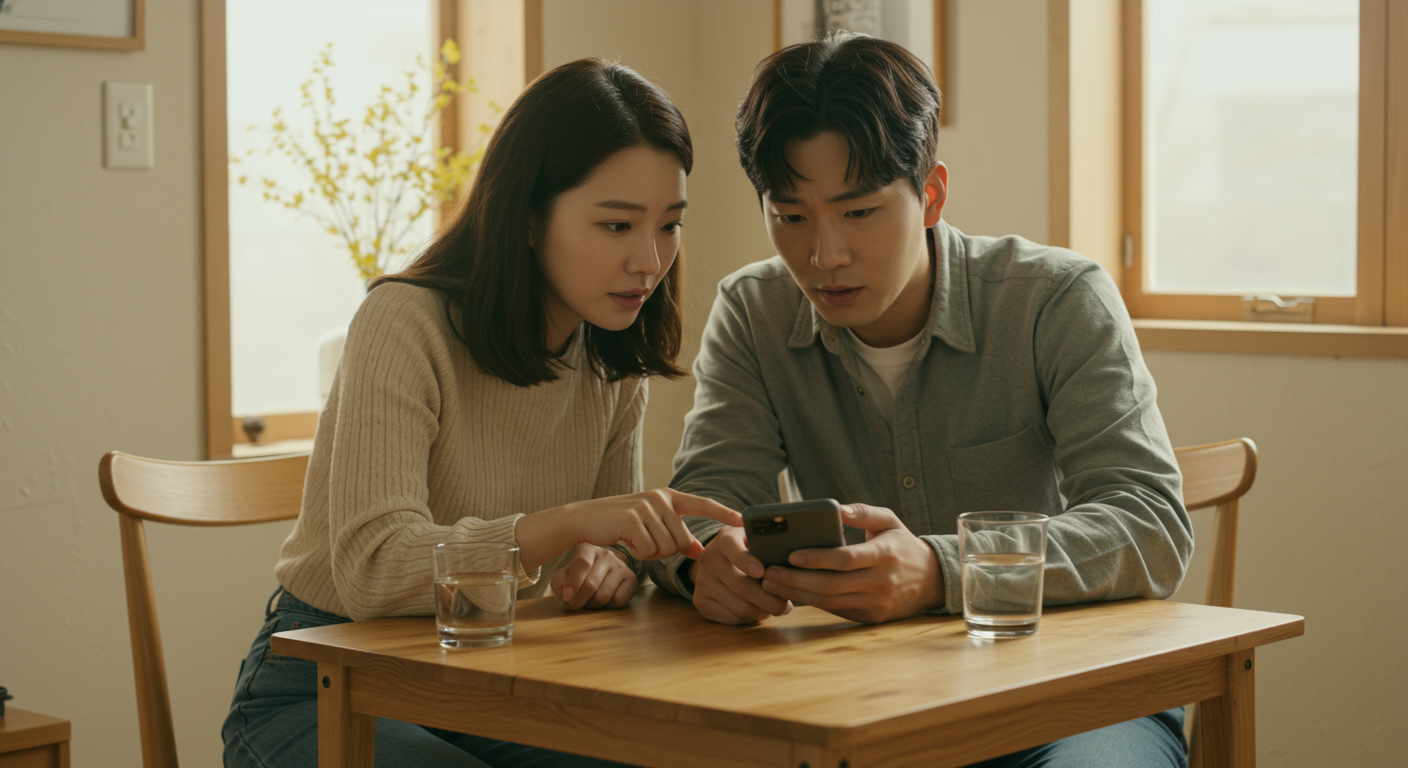 집에서 스마트폰 설정 문제를 해결하려는 커플의 호기심 어린 모습