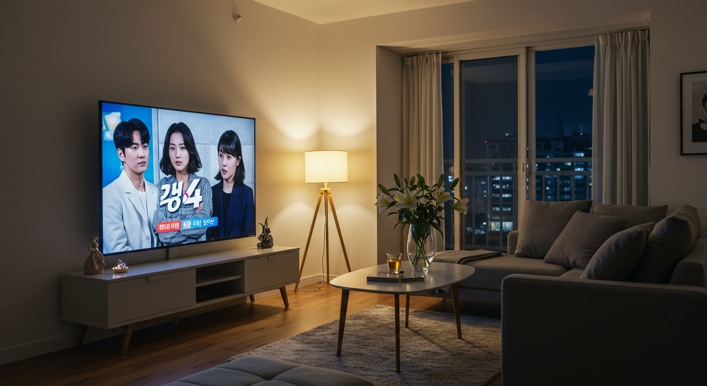 현대적인 한국 거실에서 대형 TV로 '환승연애4'를 시청하는 장면