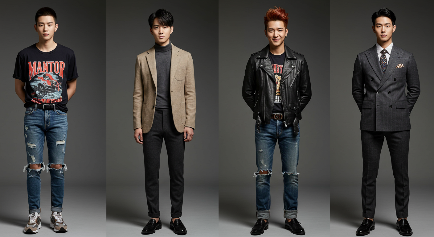서로 다른 매력을 지닌 네 명의 젊은 한국 남성이 사진 촬영을 위해 포즈를 취하는 모습