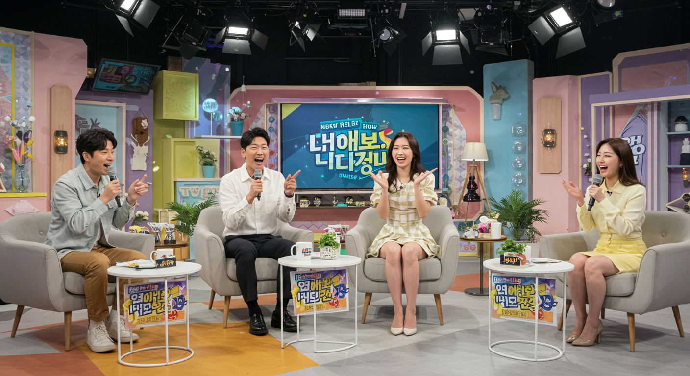 활기찬 스튜디오에서 네 명의 패널들이 리얼리티 쇼 에피소드를 토론하는 모습