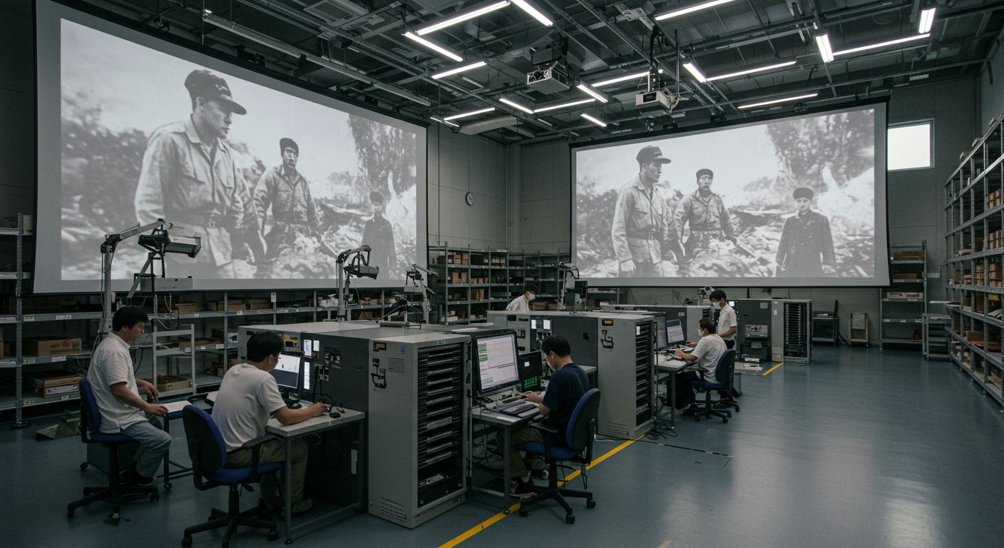 4K 복원 중인 1960년대 전쟁 드라마를 상영하는 현대적인 한국 영화 자료실