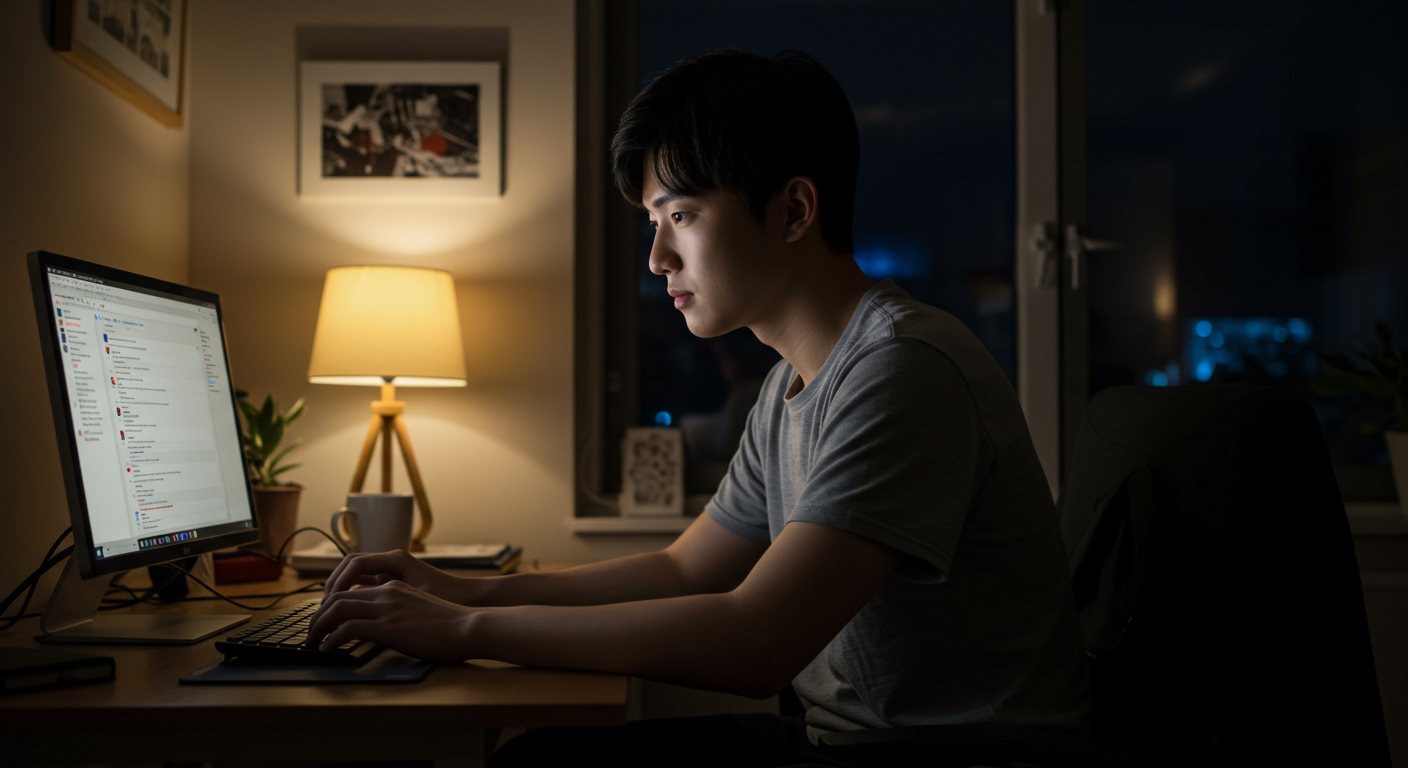 어두운 방에서 컴퓨터를 사용하며 온라인 커뮤니티 토론에 참여하는 젊은 남성