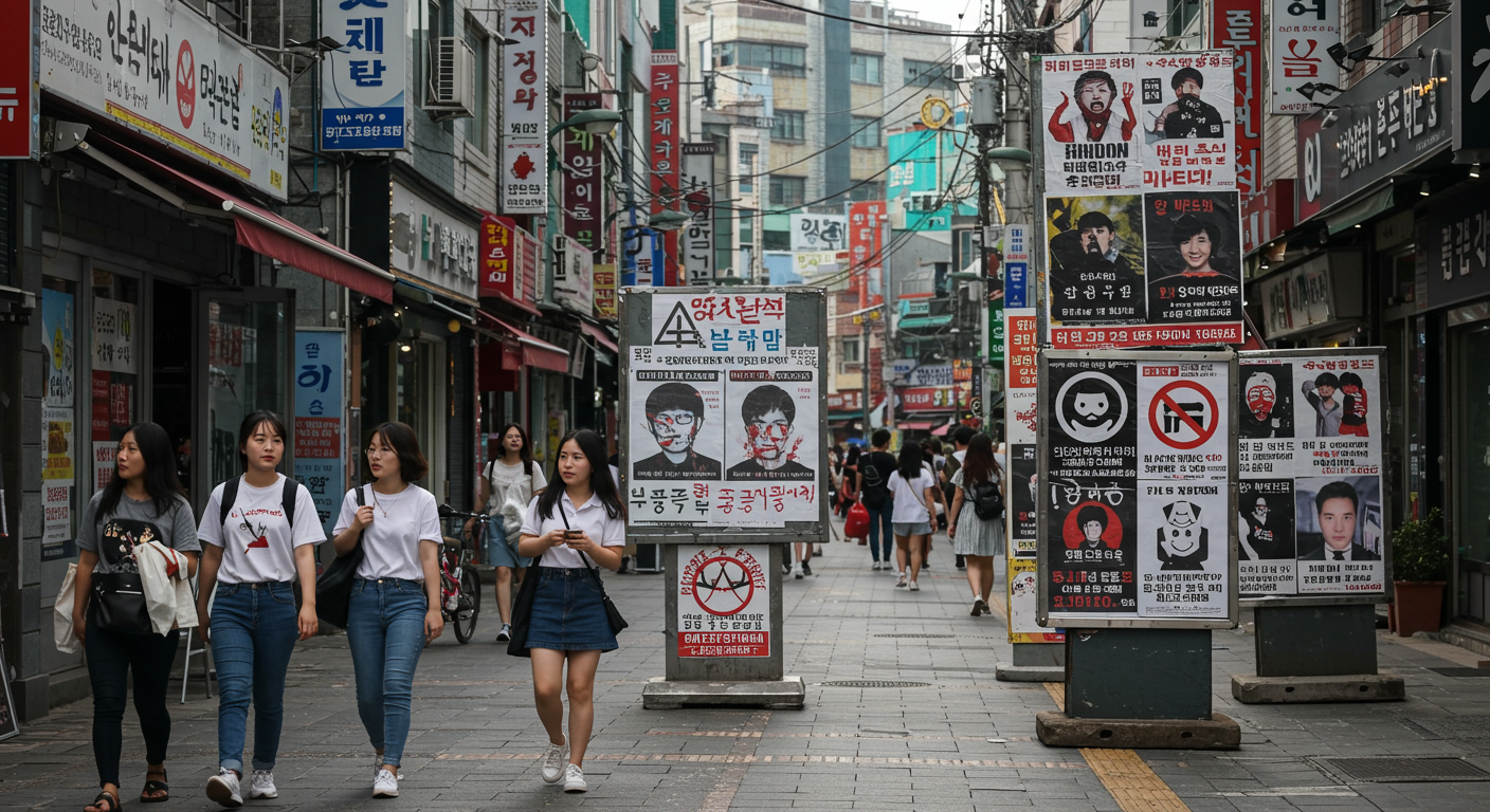 거리 풍경 속에 온라인 혐오 상징과 메시지가 담긴 포스터들이 보이는 모습