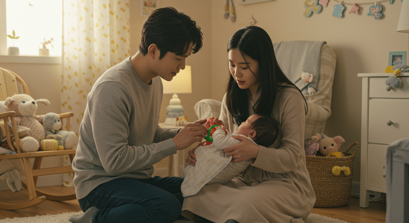 부부가 조명 아래 신생아를 돌보며 감각 장난감을 사용하는 모습