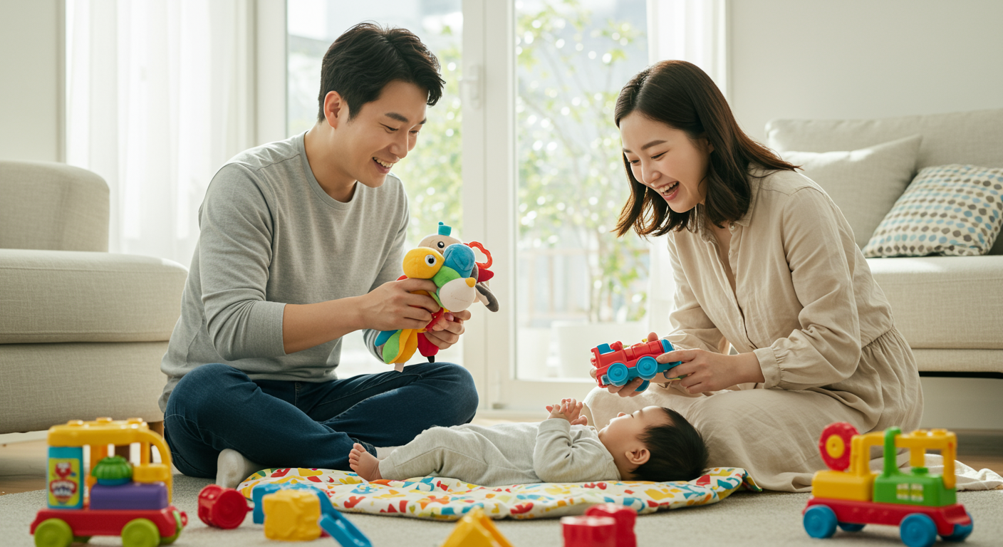 부모가 집에서 다양한 색상의 장난감을 이용해 까꿍 놀이를 하는 모습