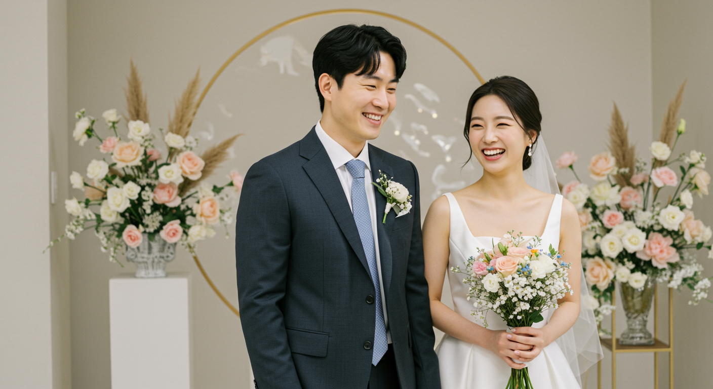 현대적 결혼식에서 신랑과 신부가 혼인서약서를 준비하는 모습
