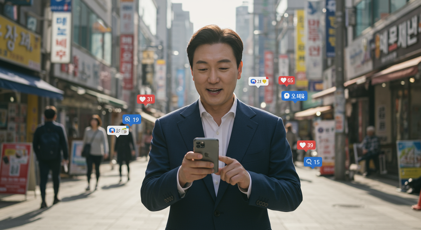 정장 차림의 남성 정치인이 서울 거리에서 스마트폰을 활발히 사용하는 모습