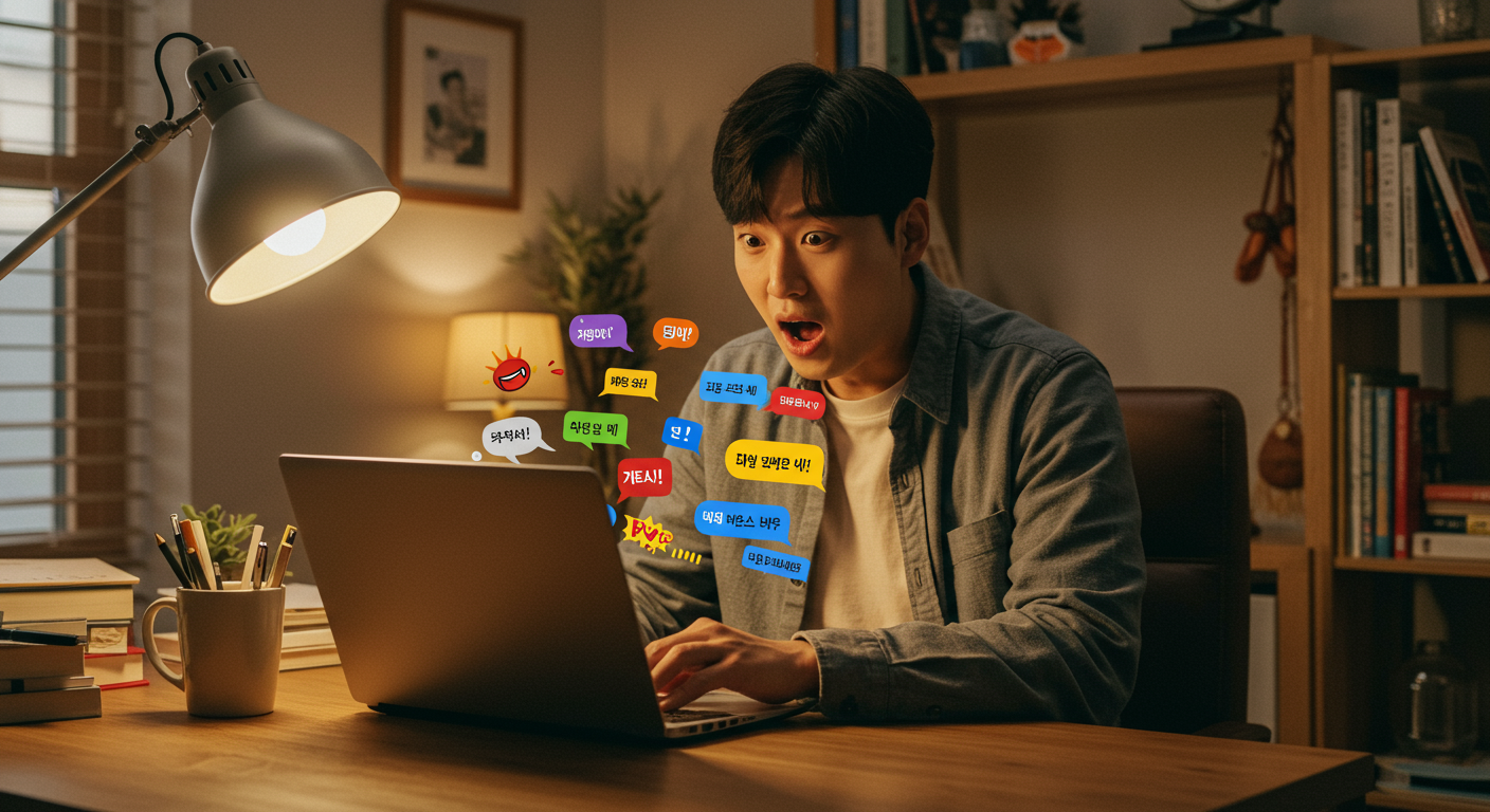 집무실에서 노트북을 펼치고 익살스러운 표정을 짓고 있는 남성의 모습