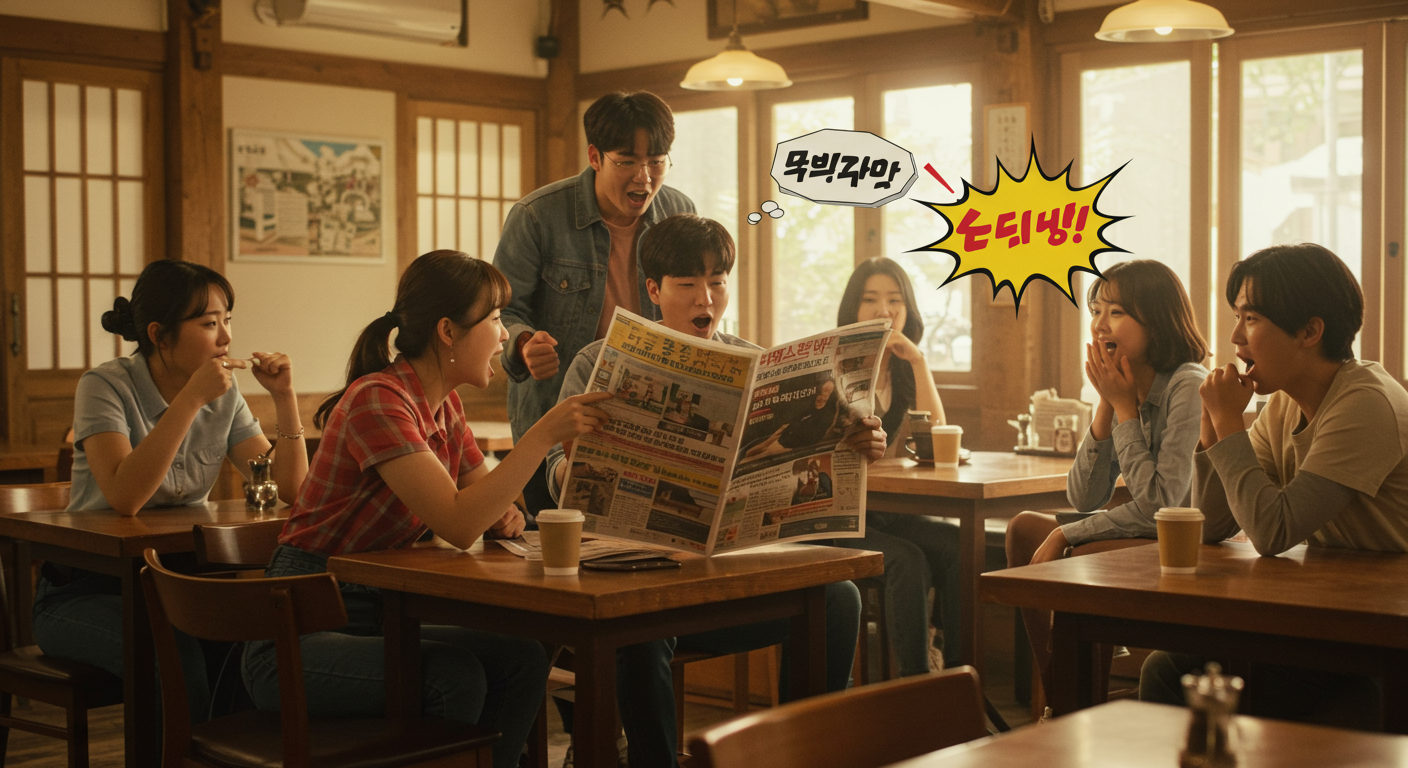 카페에서 커피를 마시며 신문을 보고 토론하는 젊은이들의 모습