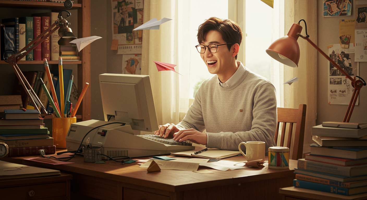 책상에 앉아 과장된 표정으로 컴퓨터를 타이핑하는 작가의 모습