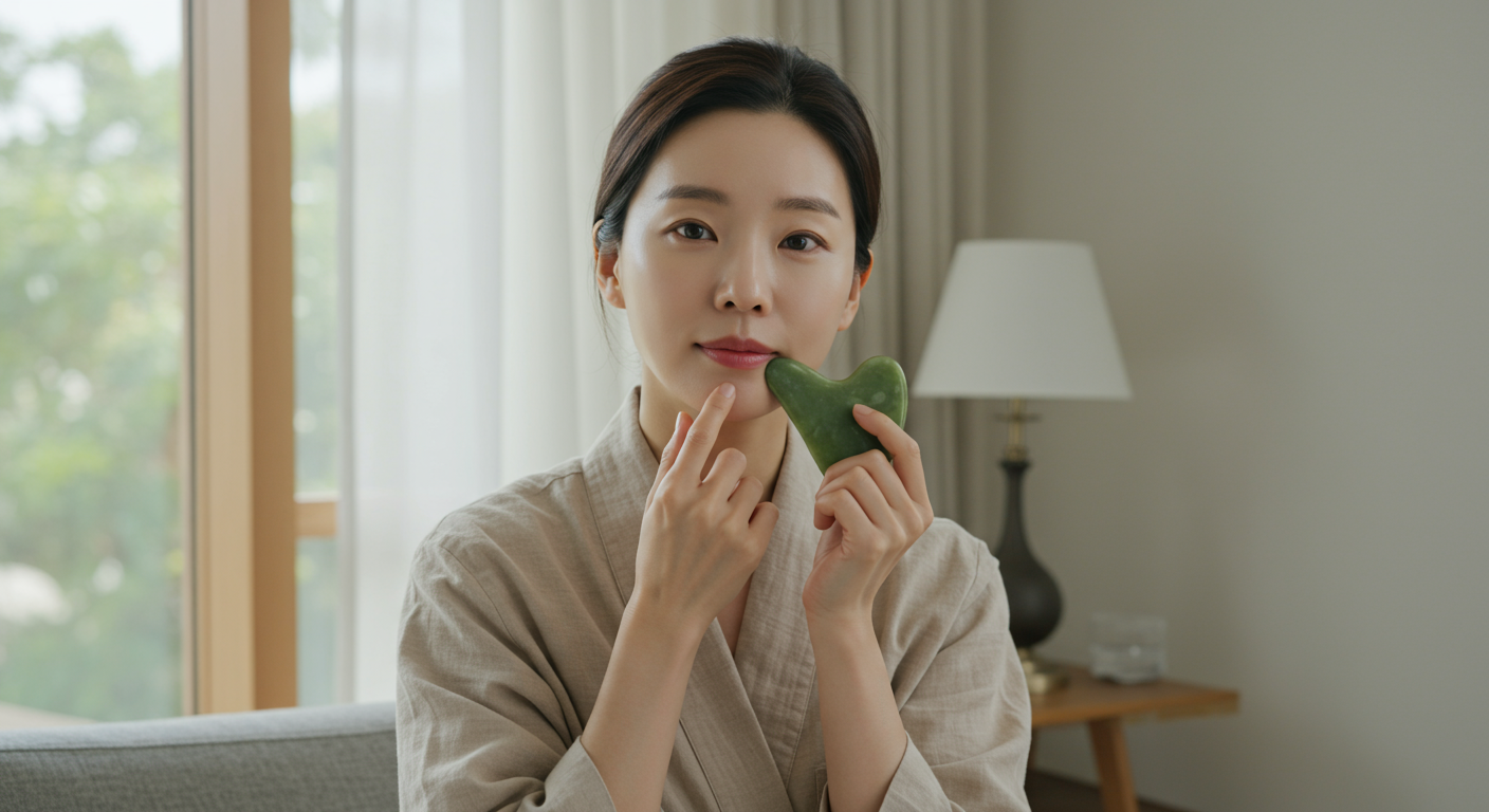 현대적인 한국 여배우가 자택에서 자연미와 안티에이징을 강조하며 옥 괄사로 입술 마사지를 하는 모습