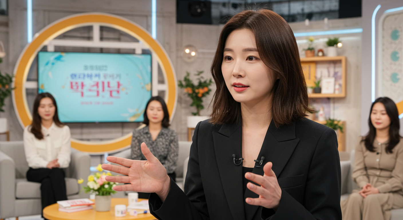 토크쇼 세트에서 자연적인 피부 관리 방법의 중요성을 논하는 한국 여성의 모습