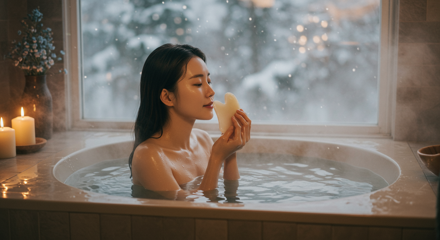 아로마 오일과 함께 반신욕을 즐기며 보습 유지와 강화된 괄사의 효과를 누리는 한국 여성