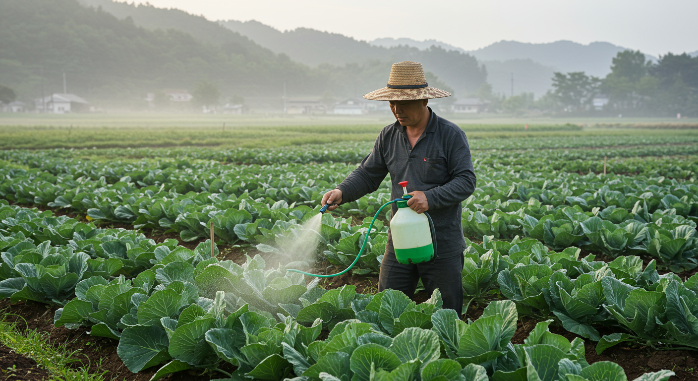 흐린 날 아침 배추 모종에 천연 살균제를 뿌리는 장면