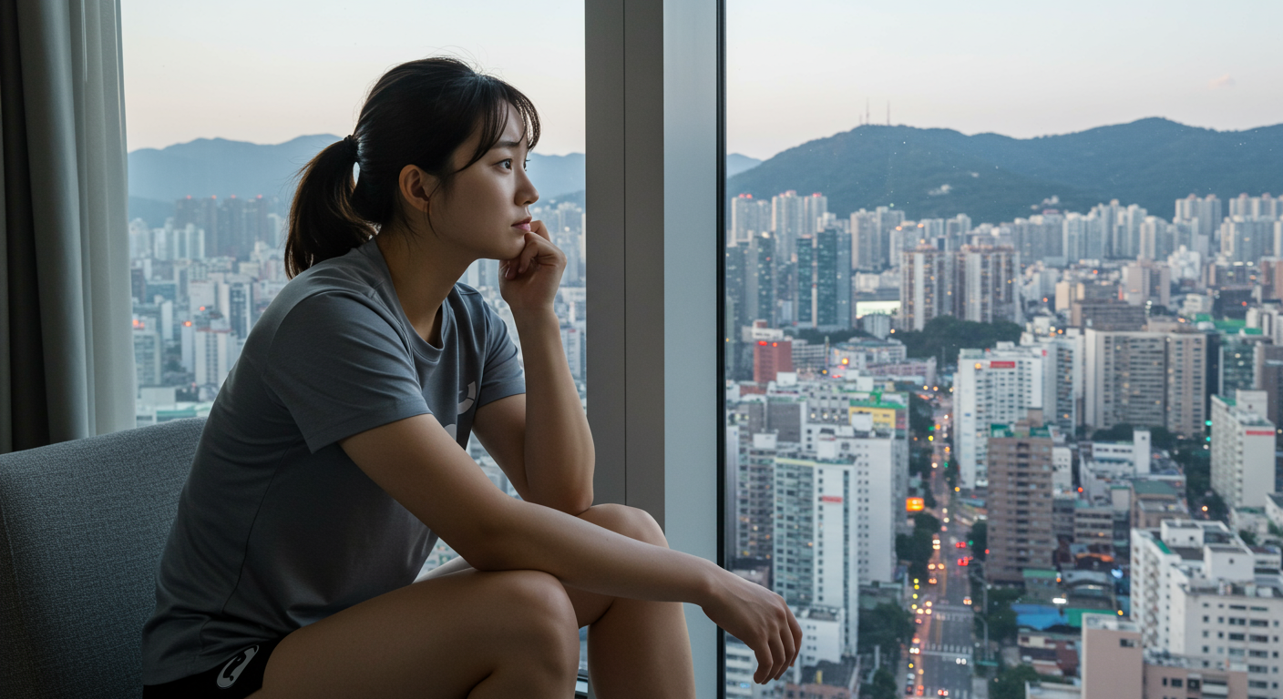 고층 빌딩 창밖을 바라보며 진로를 고민하는 한국 여자 배구 선수