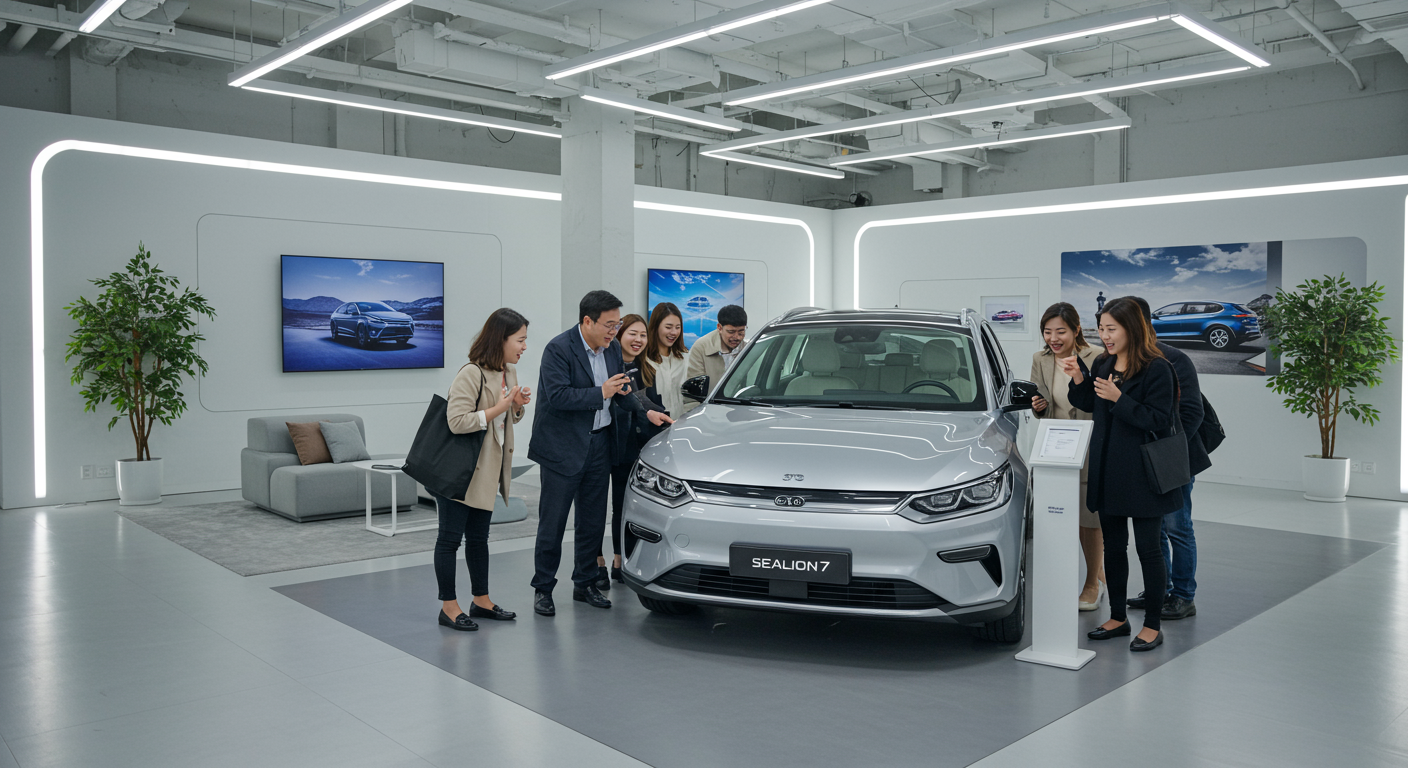 BYD 씨라이언7 모델을 살펴보는 고객들로 가득 찬 세련된 전기차 쇼룸