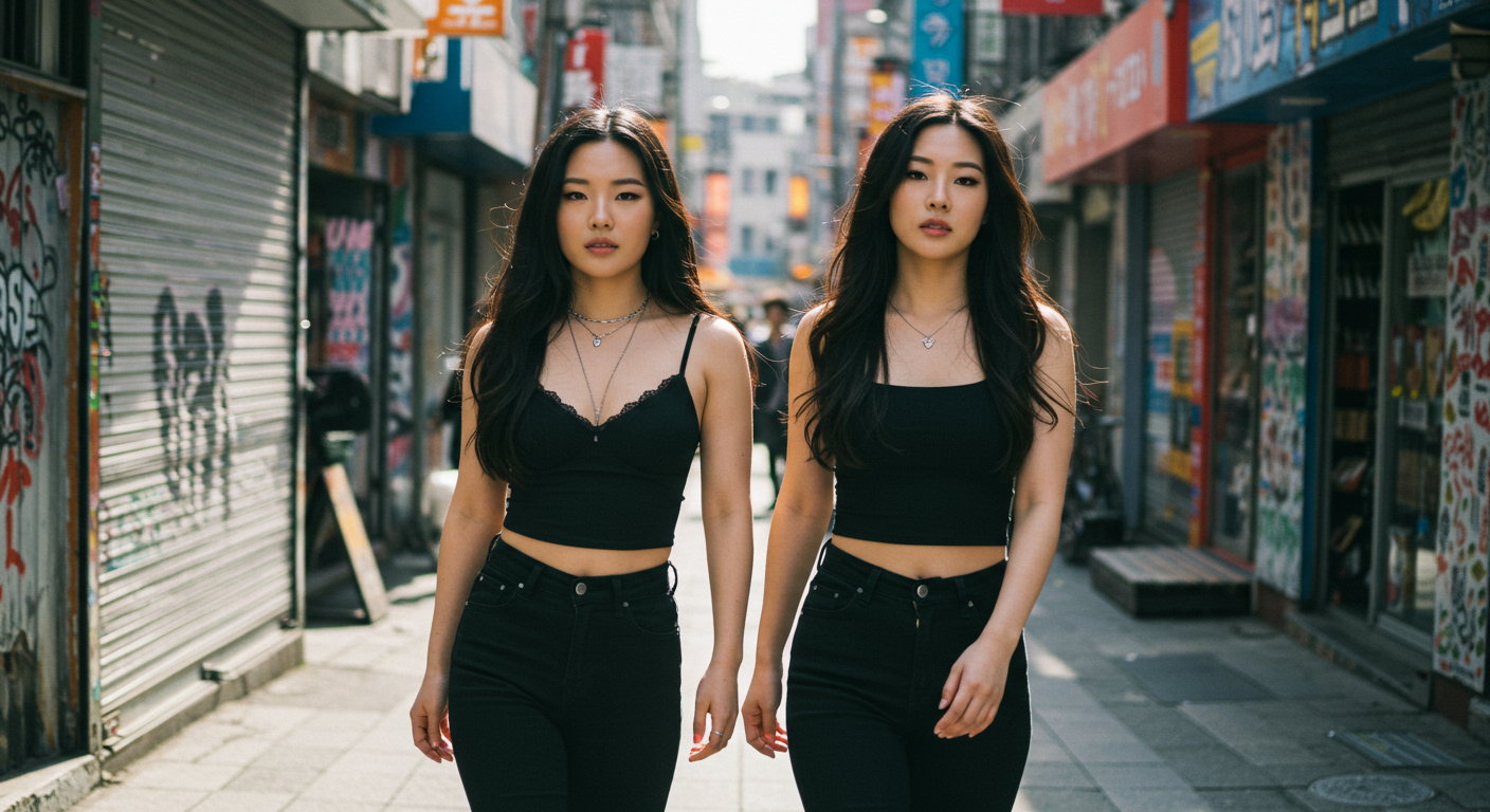 시내 거리를 걷는 스타일리시하고 자신감 넘치는 여성들 모습