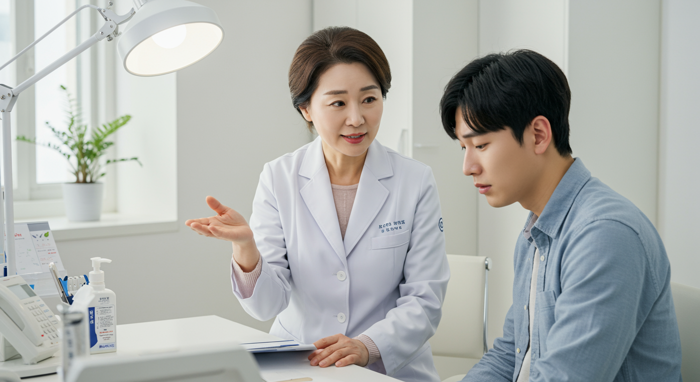현대적인 병원에서 의사가 환자와 상담하는 모습, 귀 먹먹함과 코피 등의 증상을 논의 중
