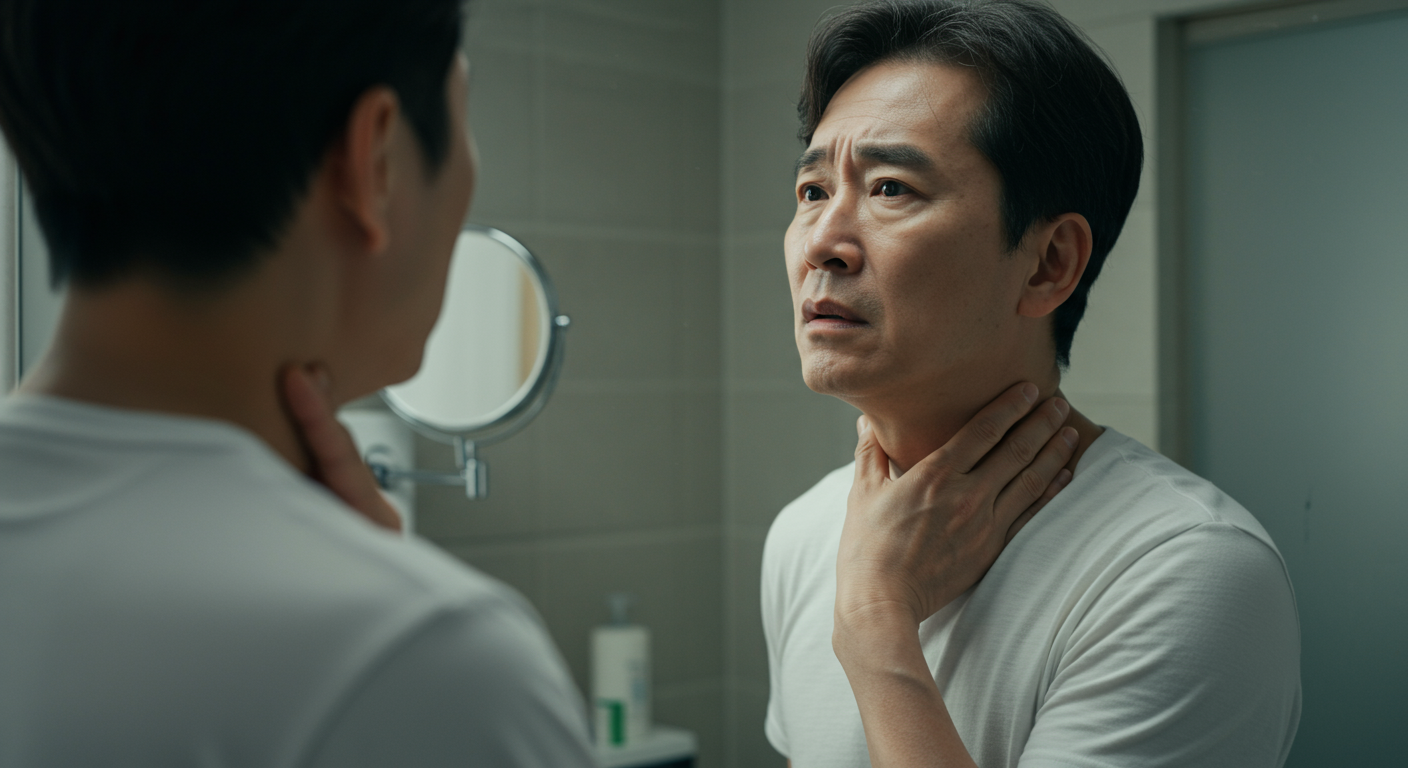 목 부위를 만져보며 혹이나 부기를 확인하려 거울을 보는 중년 남성