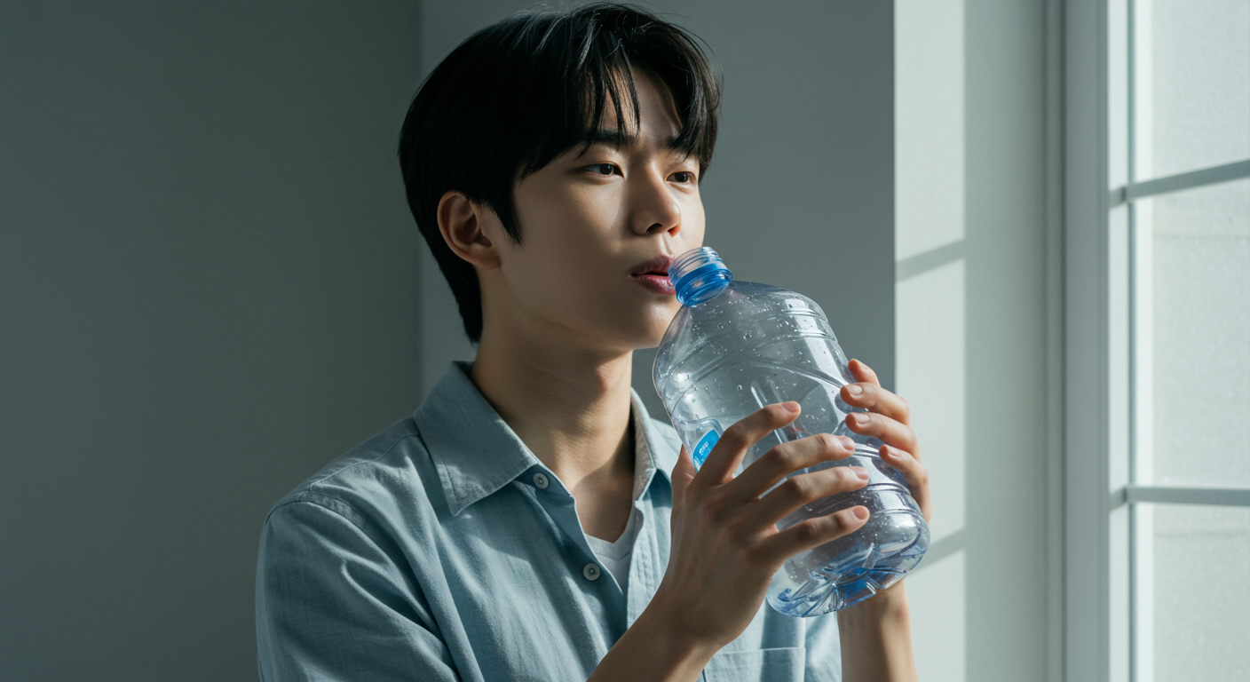 실내에서 큰 물병을 들고 지속적인 갈증을 느끼고 있는 사람의 모습