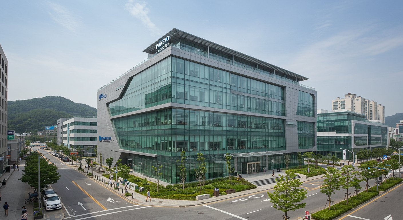 판교 테크노밸리의 첨단 기업 건물 외관과 바쁜 거리 풍경