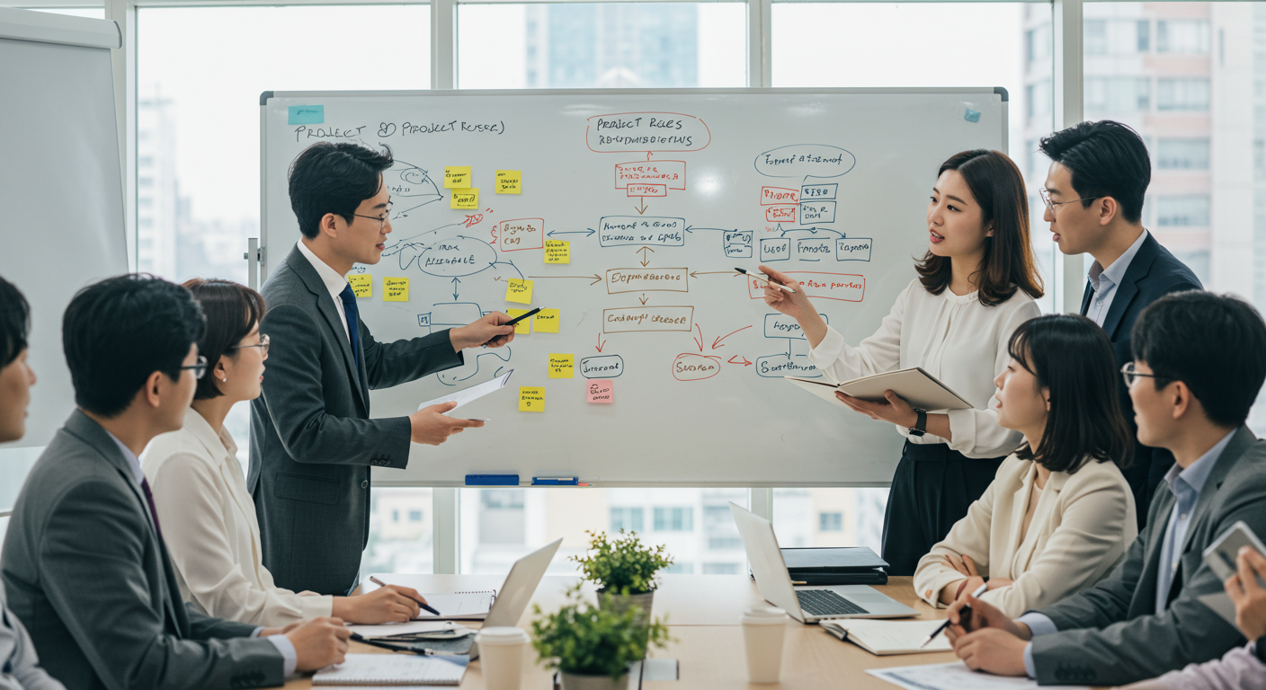 회의실에서 프로젝트 역할과 책임을 논의 중인 한국 직장인들