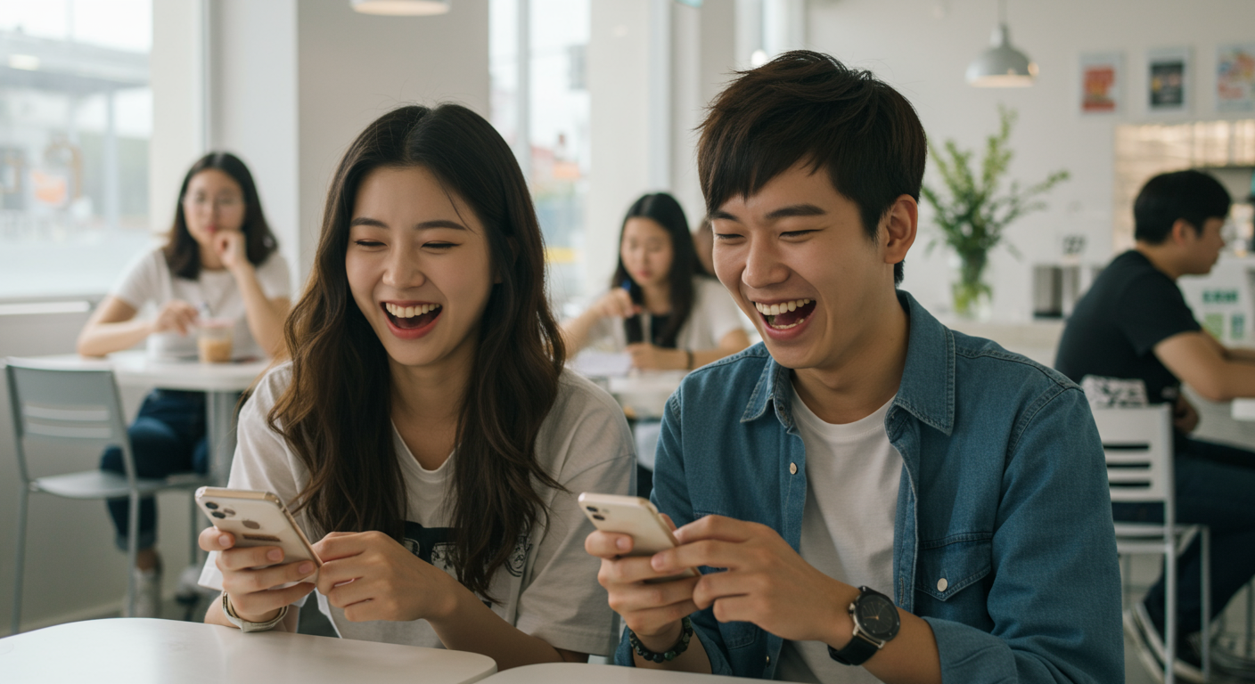 MZ세대가 카페에서 스마트폰으로 소셜 미디어를 보며 웃는 모습