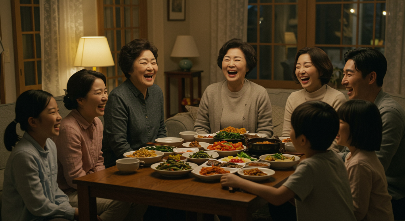 가족이 거실에서 농담을 나누며 웃고 있는 다세대 한국 가정의 모습