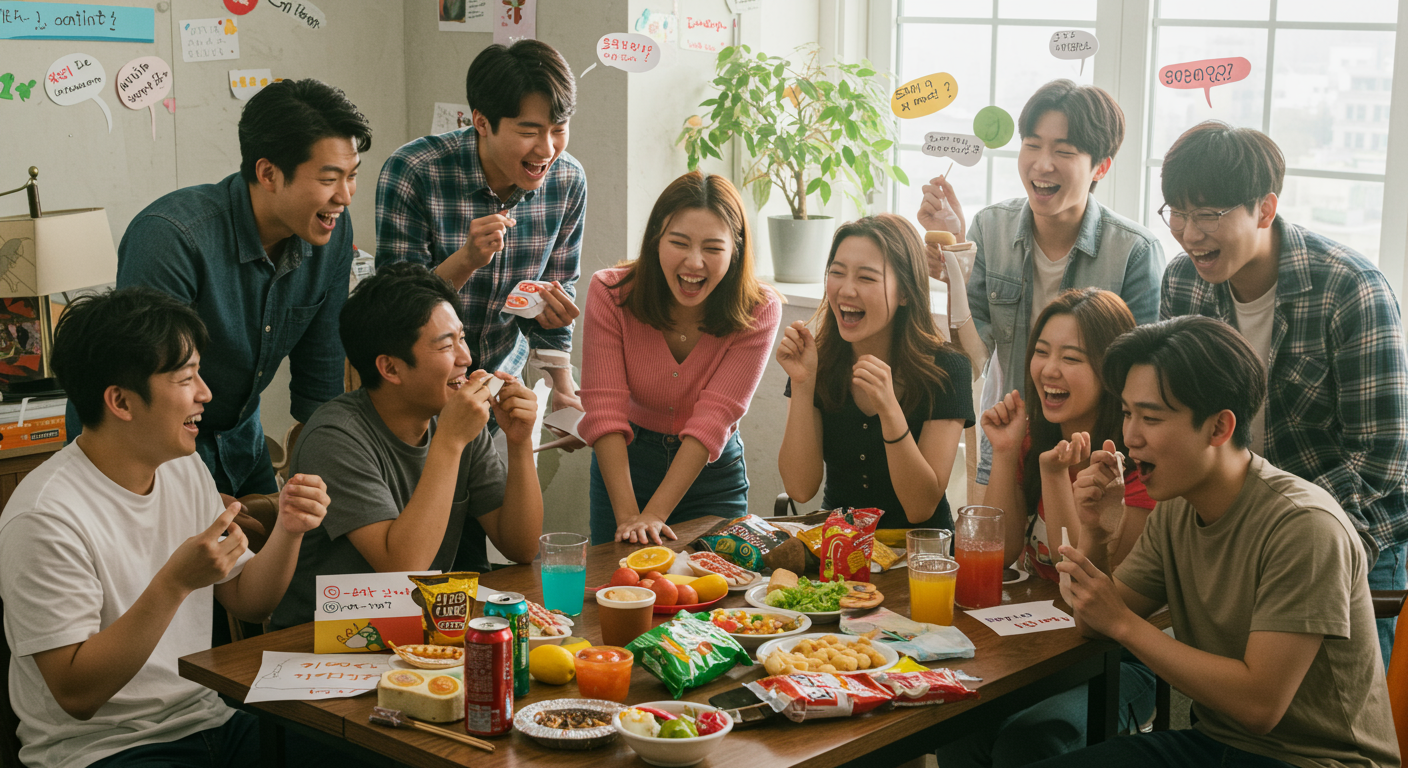음식과 동물을 소재로 창의적인 말장난을 고민하는 젊은 한국인들의 활기찬 토론 장면