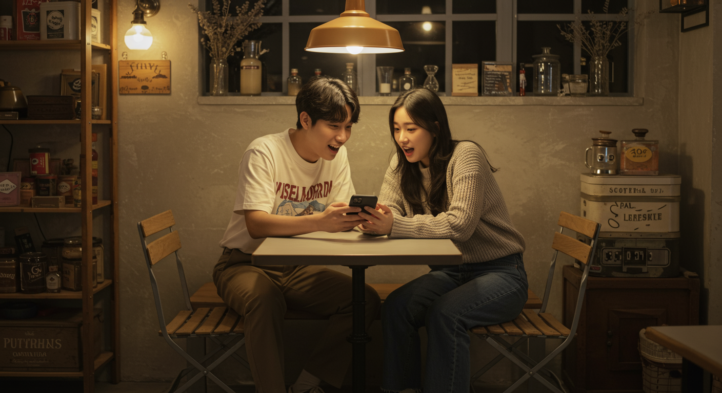 서울의 트렌디한 카페에서 스마트폰을 함께 보는 친구들