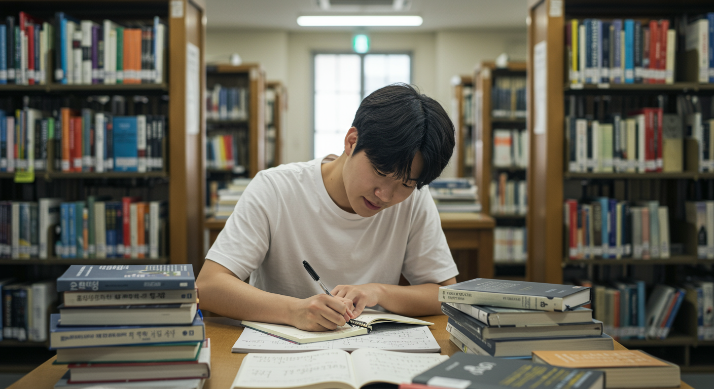 도서관에서 문법 규칙을 공부하는 학생