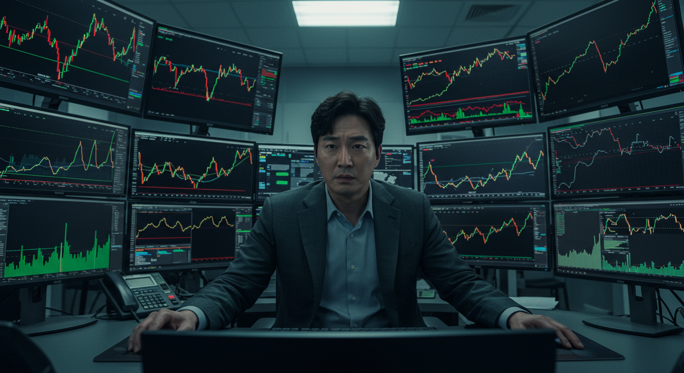 사무실에서 암호화폐 차트를 보며 스트레스를 받는 남성