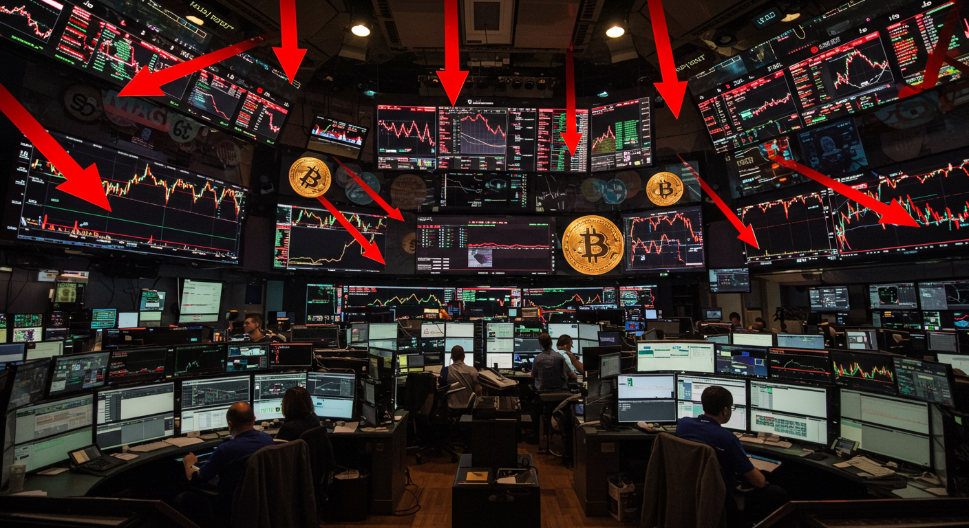 하락하는 비트코인 그래프가 있는 혼란스러운 거래소