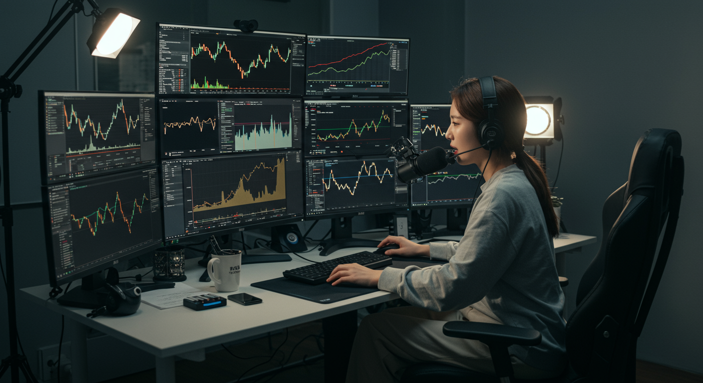 금융 차트를 보며 방송 장비 앞에 있는 결단력 있는 모습의 스트리머