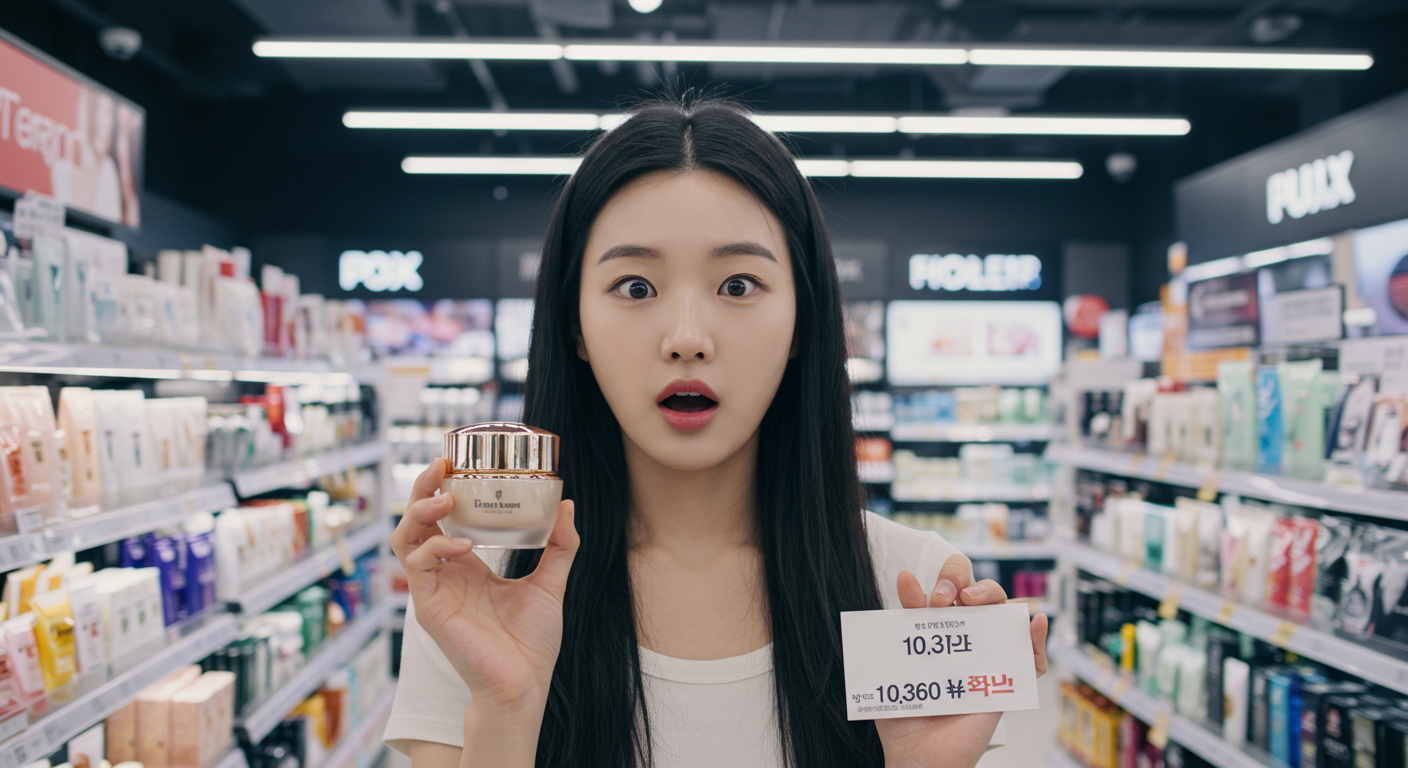 밝은 조명 아래 PX 매장에서 고급스러운 크림을 들고 있는 여성이 놀란 표정을 짓고 있는 모습