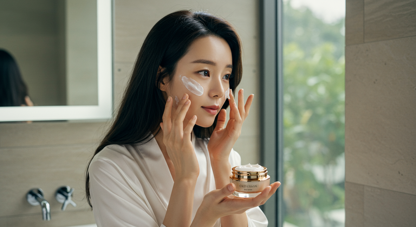 세련된 여배우가 현대적인 공간에서 금빛 장식의 안티에이징 크림을 바르는 우아하고 젊은 분위기의 모습