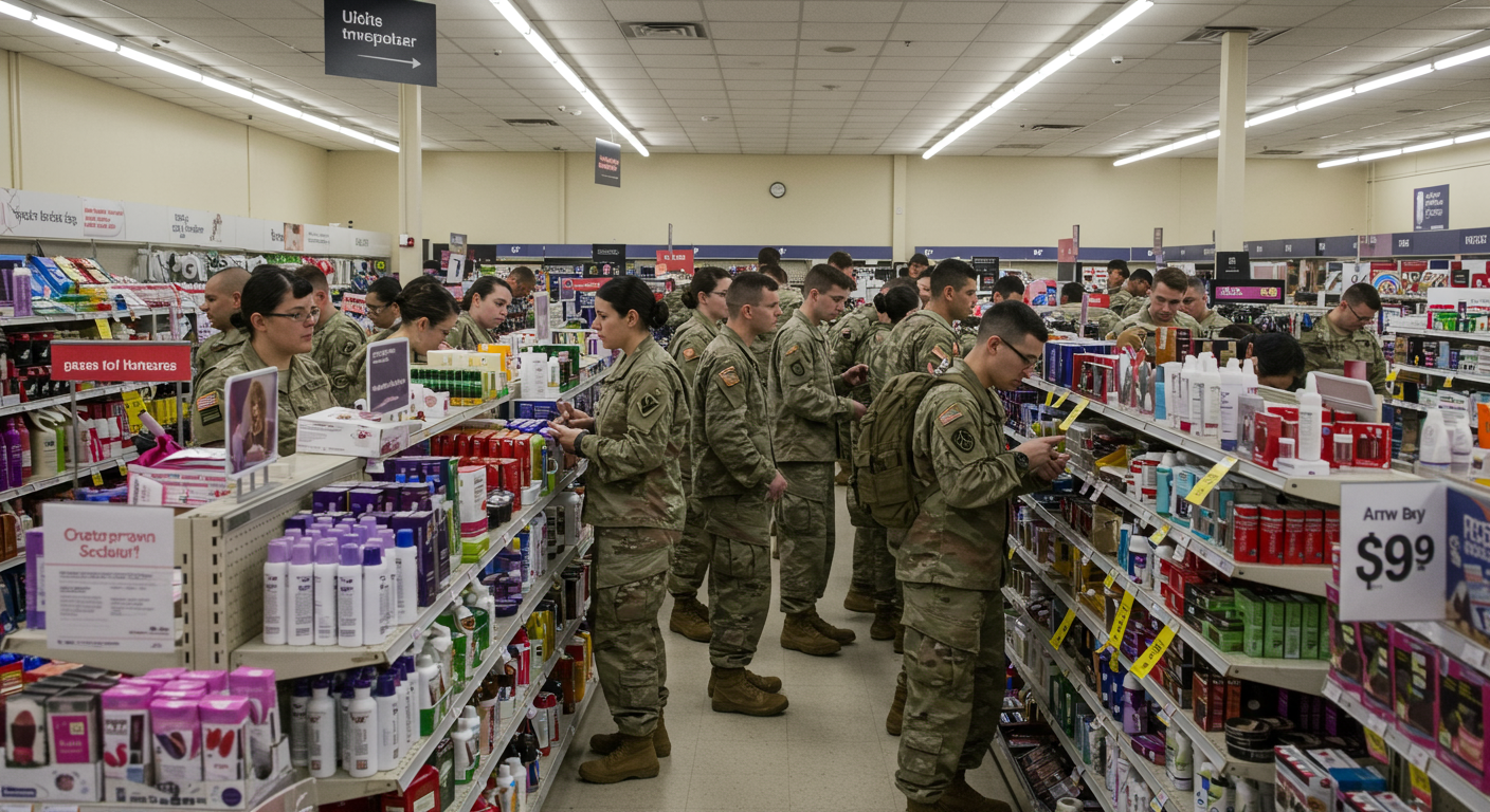 군부대 내 PX 내부 모습과 저렴한 가격표가 붙어있는 화장품 진열대 앞에서 제품을 둘러보는 군인들