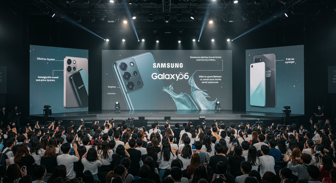 한국의 기술 애호가들이 삼성 갤럭시 S26 출시를 기다리며 행사장에서 스마트폰의 기능을 보여주는 큰 화면을 보고 있는 모습