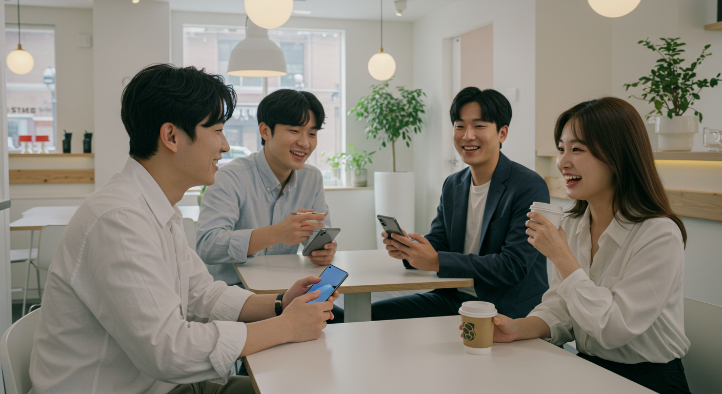 현대적인 한국 직장인들이 세련된 미니멀리스트 카페에서 삼성 갤럭시 S26의 새로운 엣지 라인업에 대해 이야기하는 모습