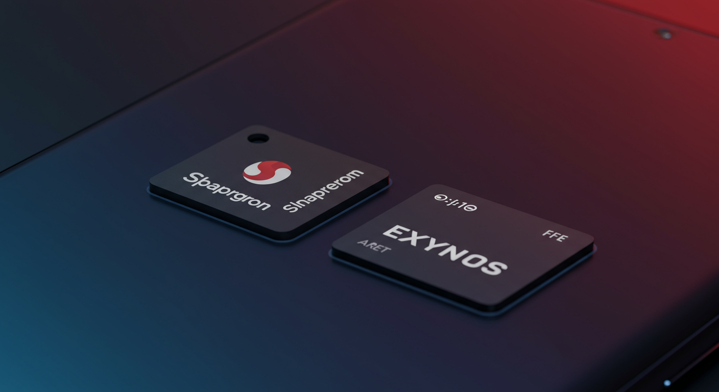 퀄컴 스냅드래곤과 엑시노스 칩 로고가 화면에 나타난 삼성 갤럭시 S26의 근접 촬영 이미지