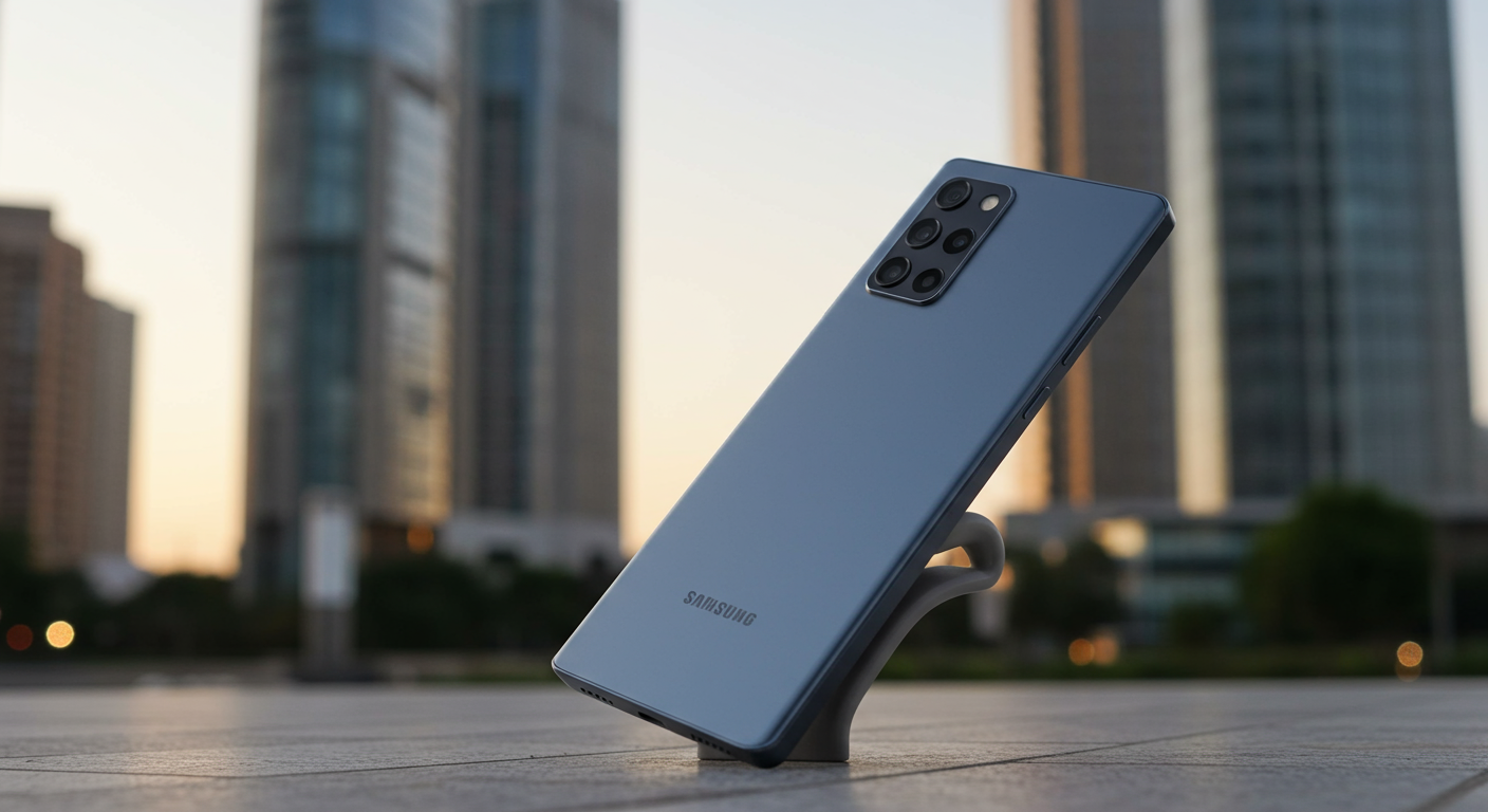 매끄러운 곡선 모서리와 고해상도 디스플레이를 가진 삼성 갤럭시 S26 울트라의 세련되고 가벼운 디자인이 도시 환경 속에 있는 모습