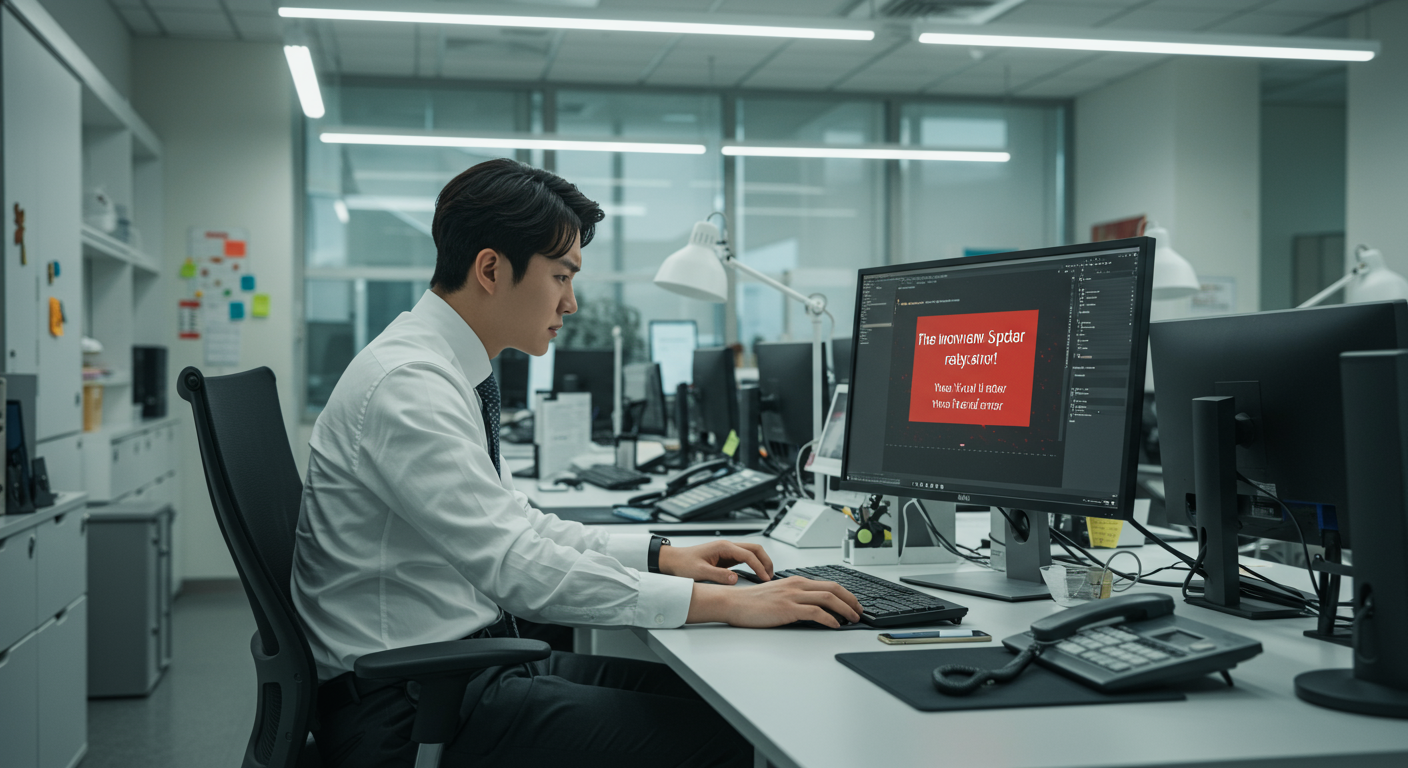 윈도우 업그레이드 오류 화면 앞에서 좌절하는 현대적인 사무실의 직장인