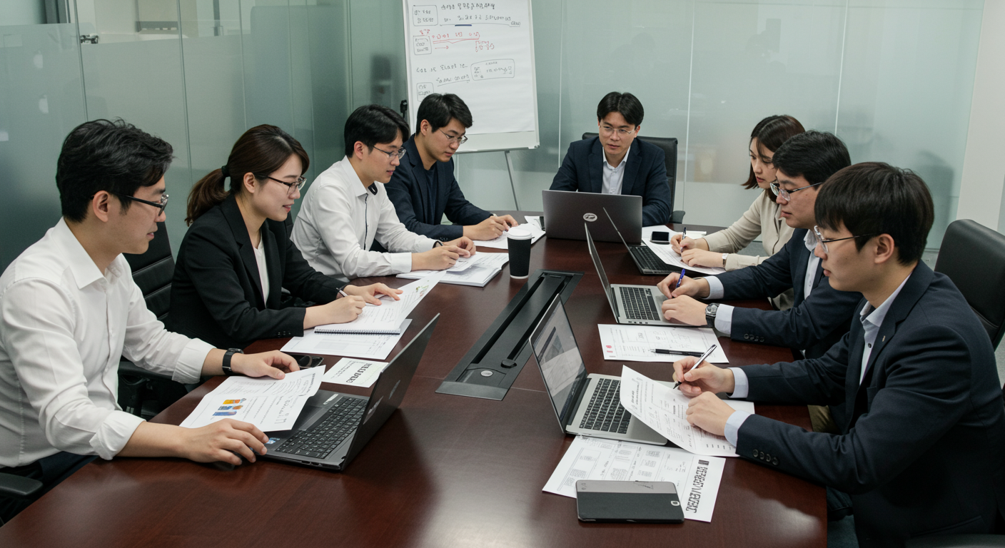 회의 테이블에 둘러앉아 보안 문제 해결책을 논의하는 지원 팀