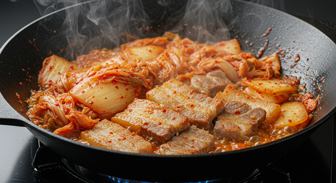 팬에서 지글지글 볶아지는 김치와 돼지고기 클로즈업