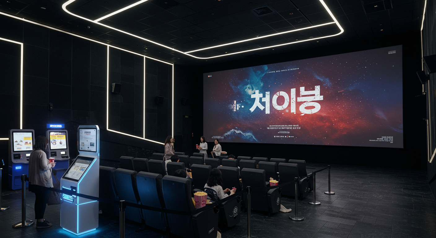 현대적인 한국 영화관에서 '노이즈'를 관람하는 모습