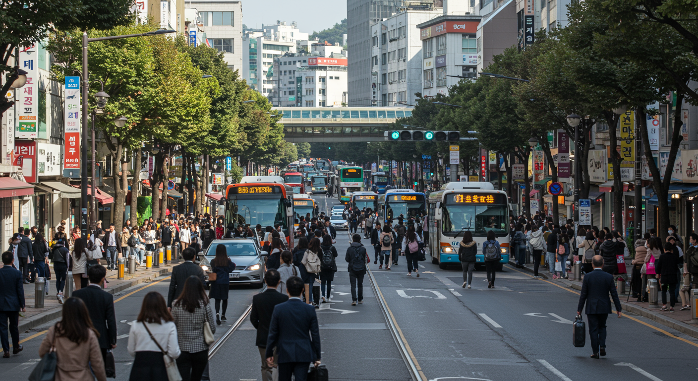 서울 신대방삼거리역 인근의 번화가에서 사람들이 이동하고 버스가 지나가는 모습
