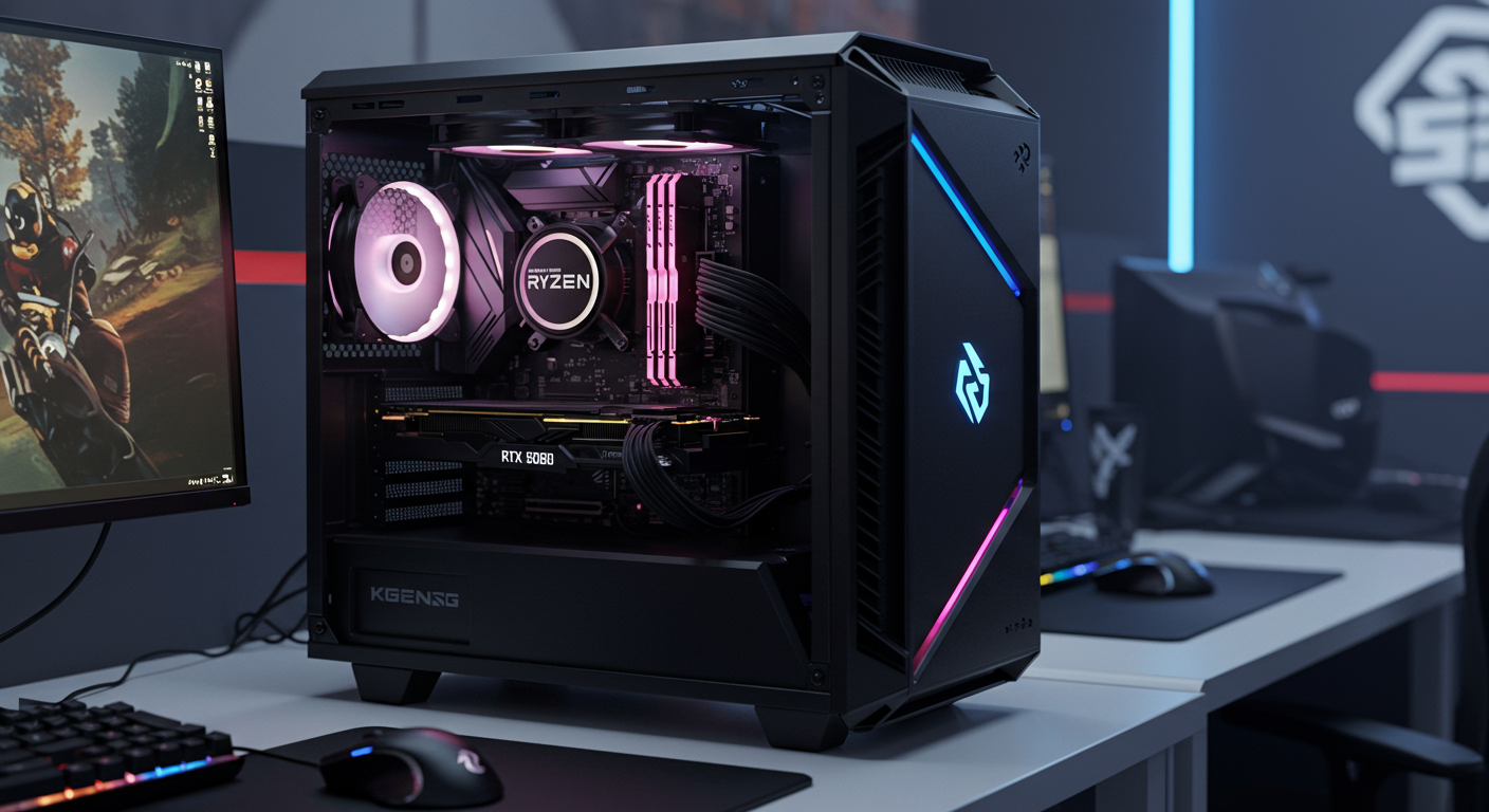 라이젠 9 CPU와 RTX 5080 GPU가 장착된 고급 게이밍 컴퓨터 설정의 클로즈업