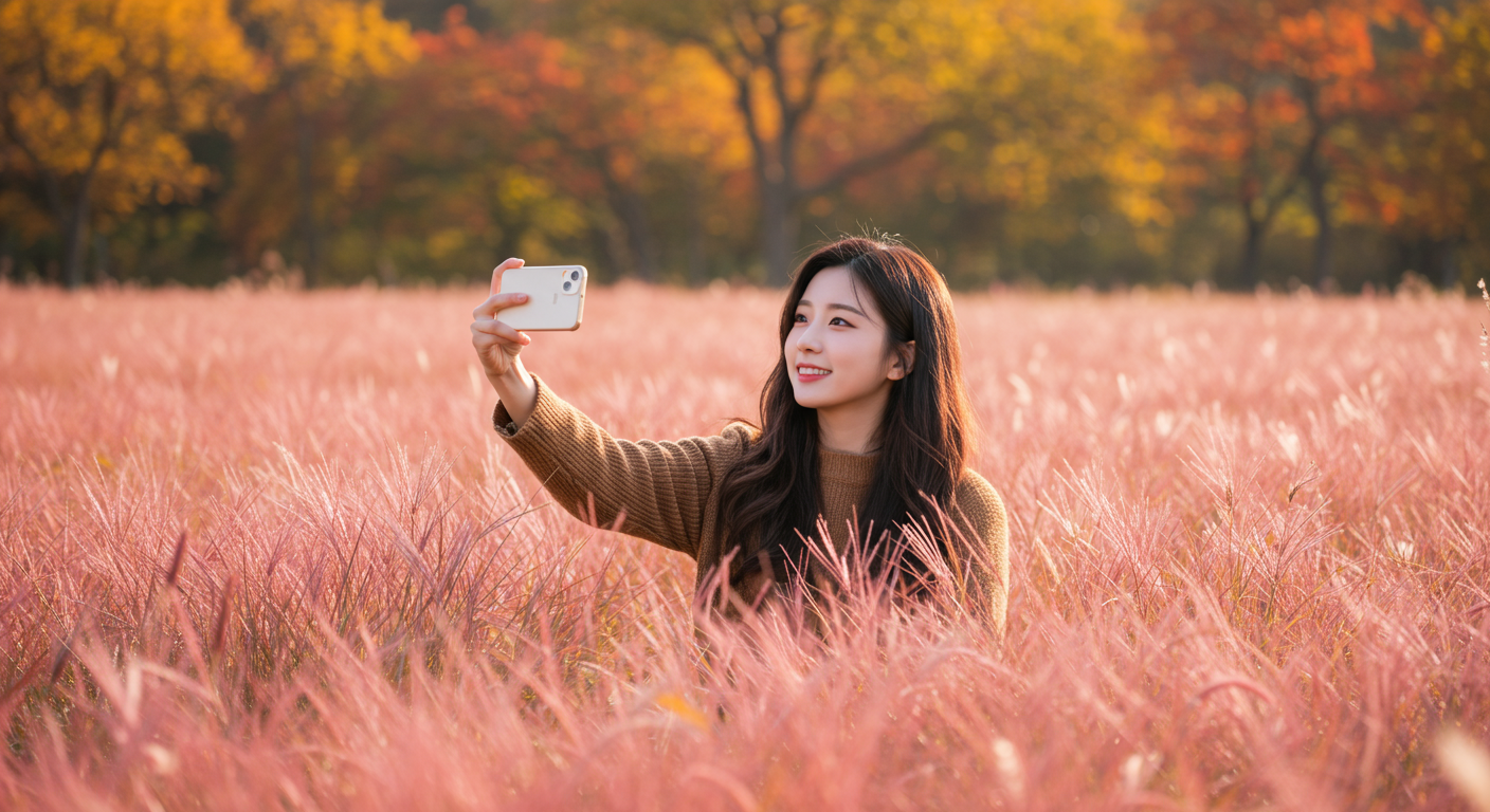 인스타그램에서 인기 있는 한국인이 핑크뮬리 밭에서 셀피를 찍는 모습