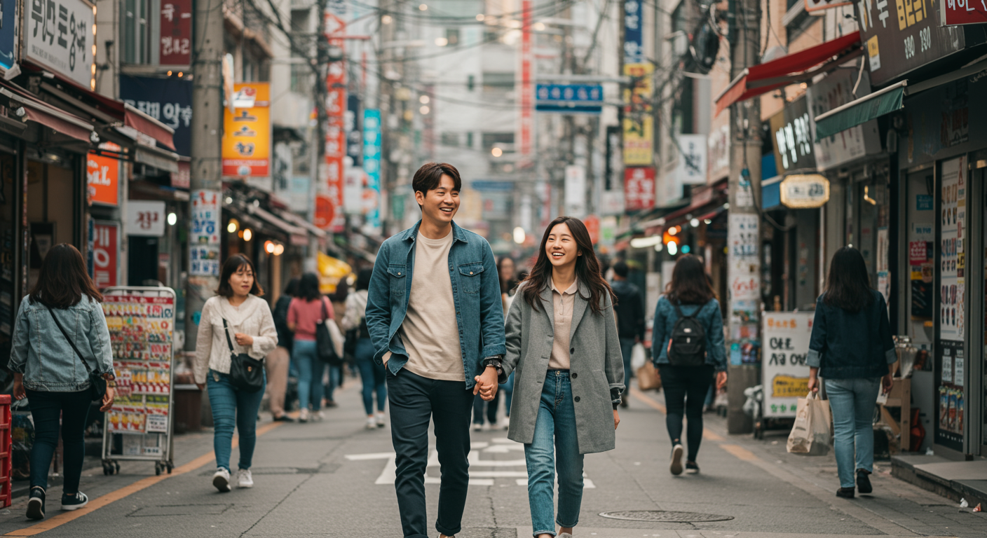 번화가를 걸으며 여유롭게 웃고 있는 커플의 일상적인 모습
